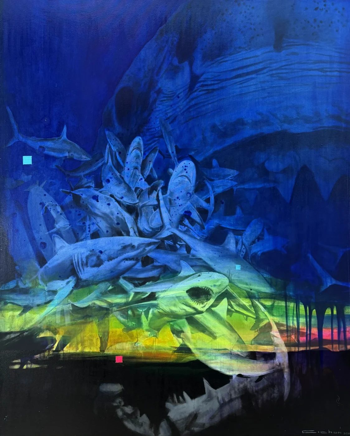 Rekiny, 120x150cm, akryl, olej na płónie
