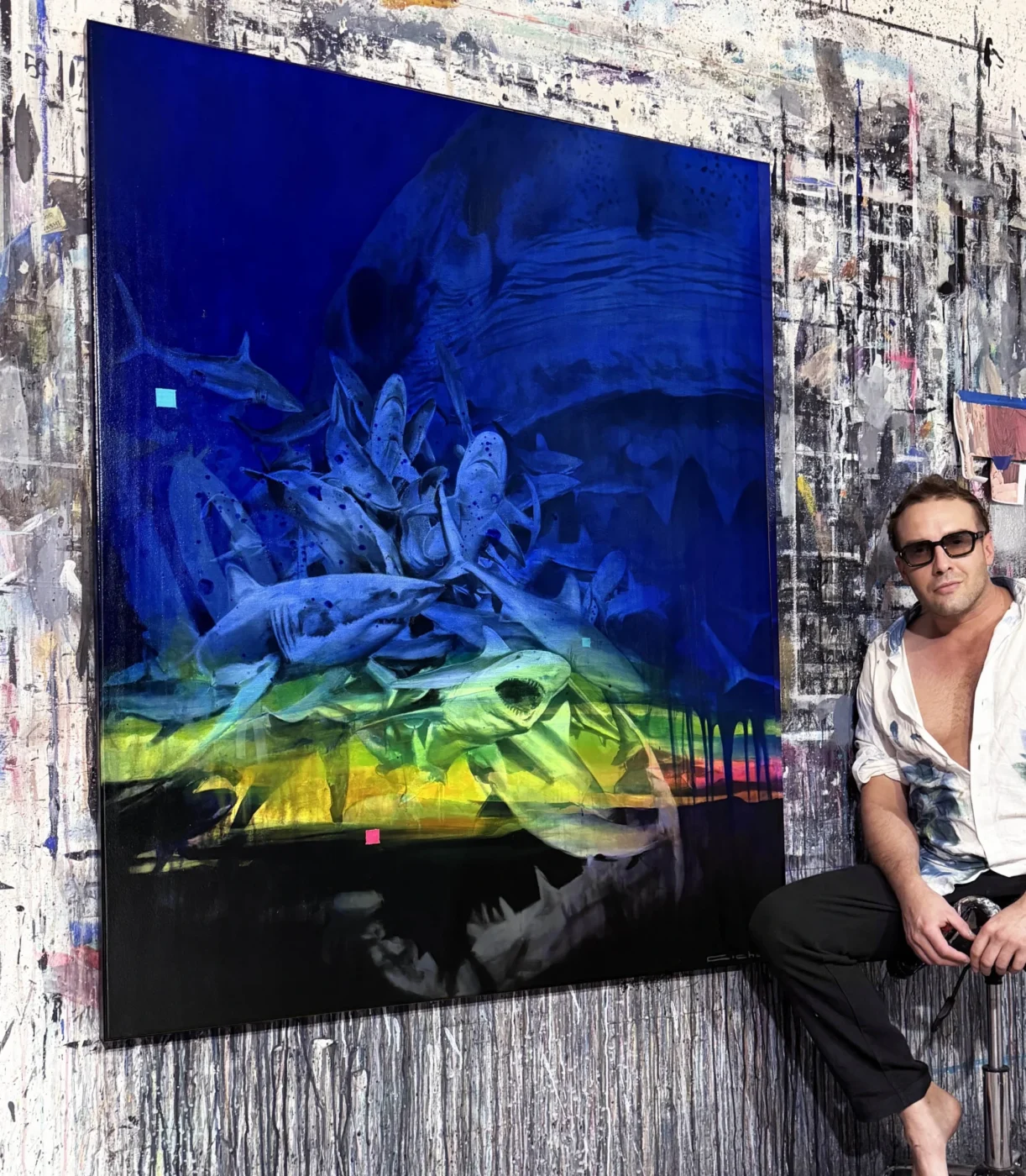 Rekiny, 120x150cm, akryl, olej na płónie